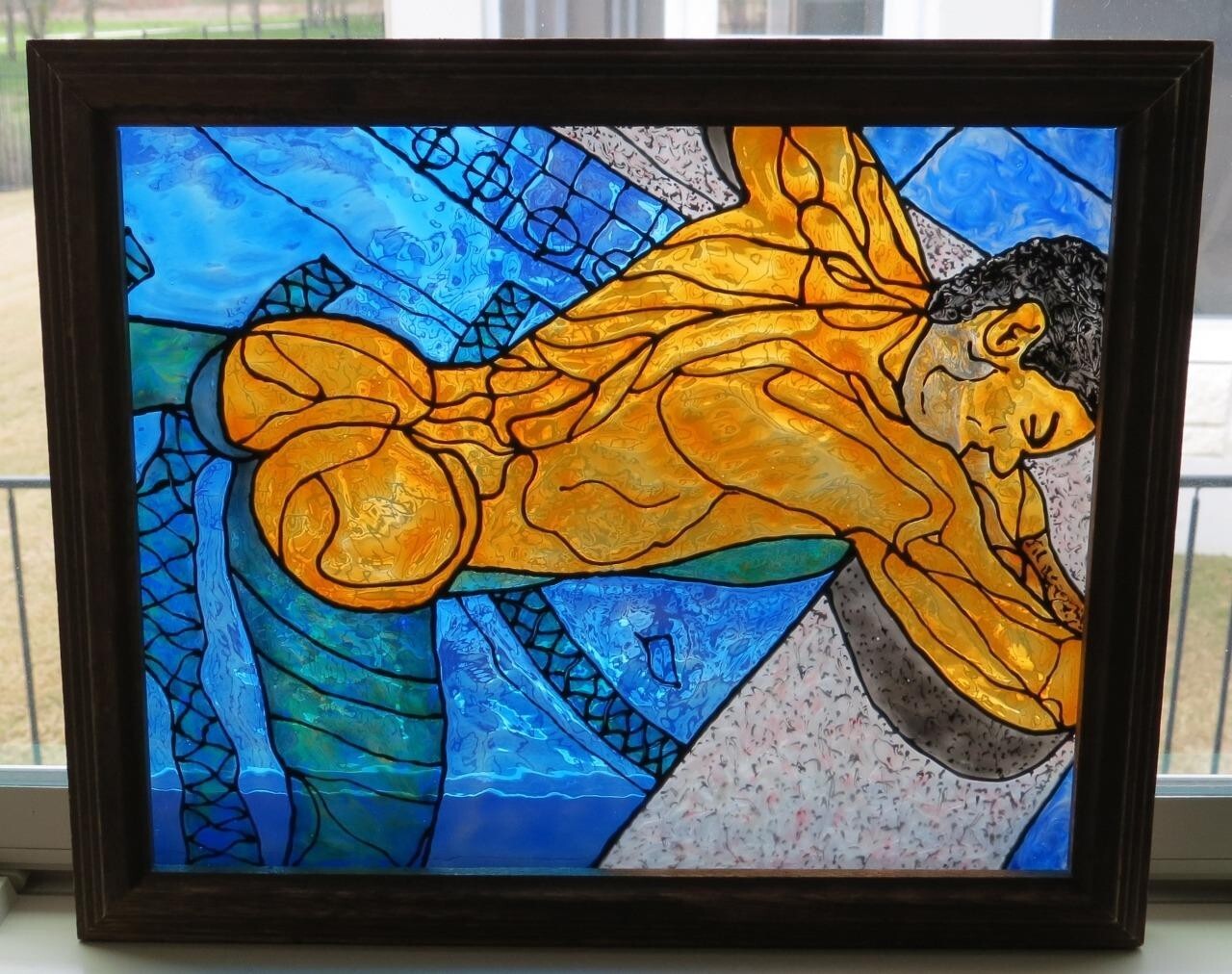 Poolboy Hand Painted Stained Glass Style Painting Male Nude Gay Interest Framed