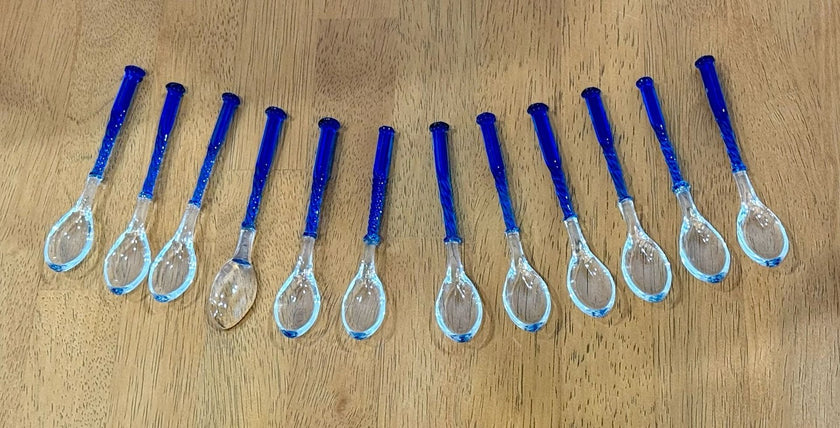 Vintage Hand Blown Art Glass Spoons Cobalt Blue Twisted Handles Set of 12