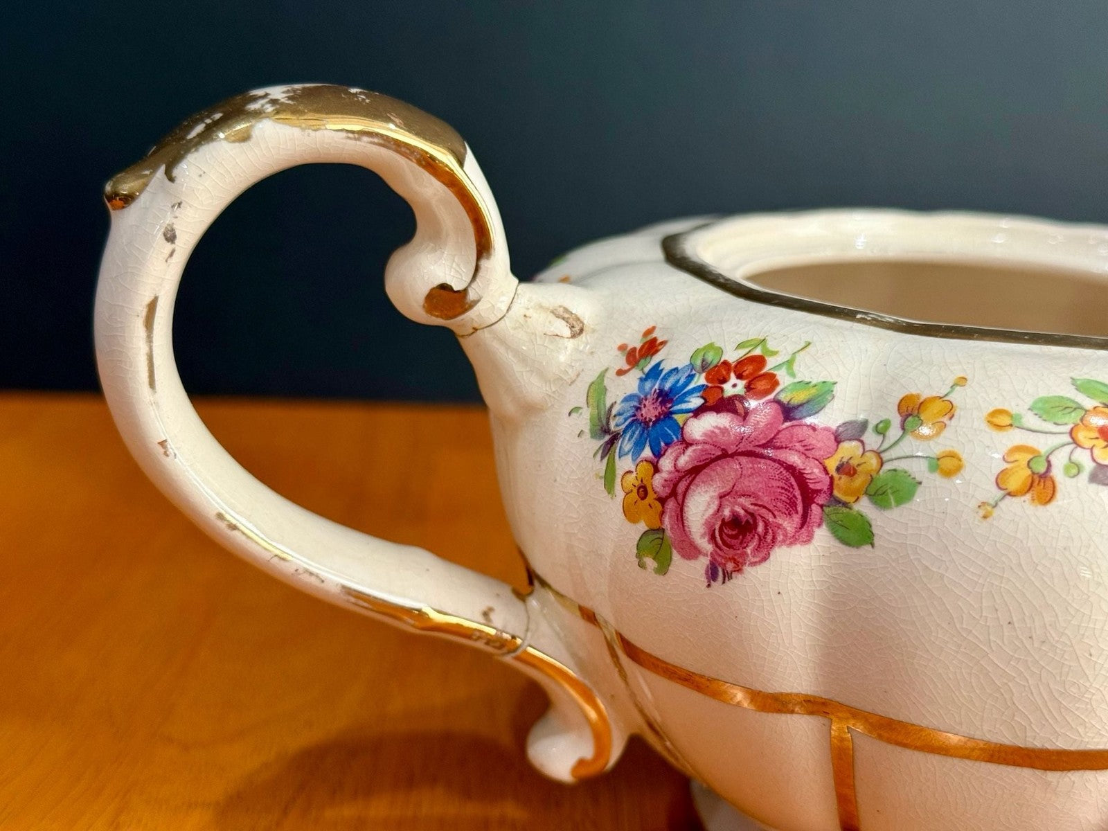 Vintage Arthur Wood Floral Design Teapot with Gold Trim #4549 Repaired