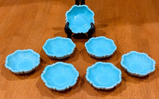 Set of 7 Vintage Turquoise Blue Glazed Ceramic Scalloped Salt Cellar Dip Bowls