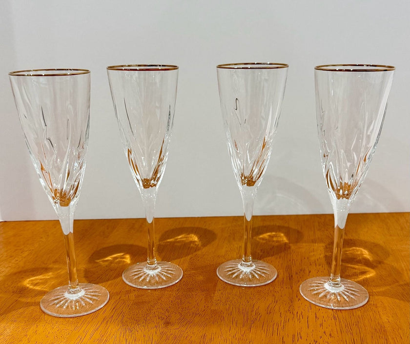 Vintage Cristal D'Arques-Durand Cassandra 4 Gold Trim Champagne Flutes