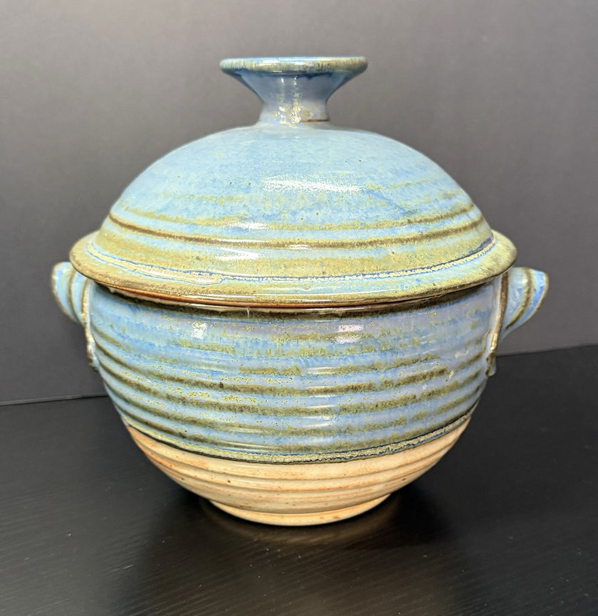 Vintage Earthenware Handmade Stoneware Pottery Lidded Crock Artisan Blue Brown