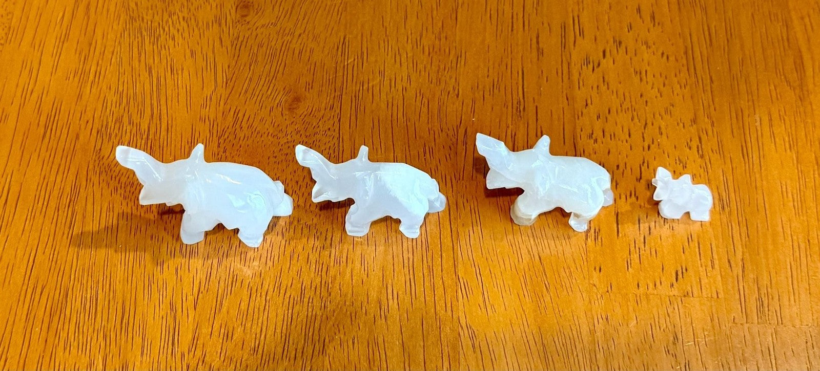 Set of 4 Vintage Hand Carved White Onyx Stone Elephant Figurines Raised Trunk
