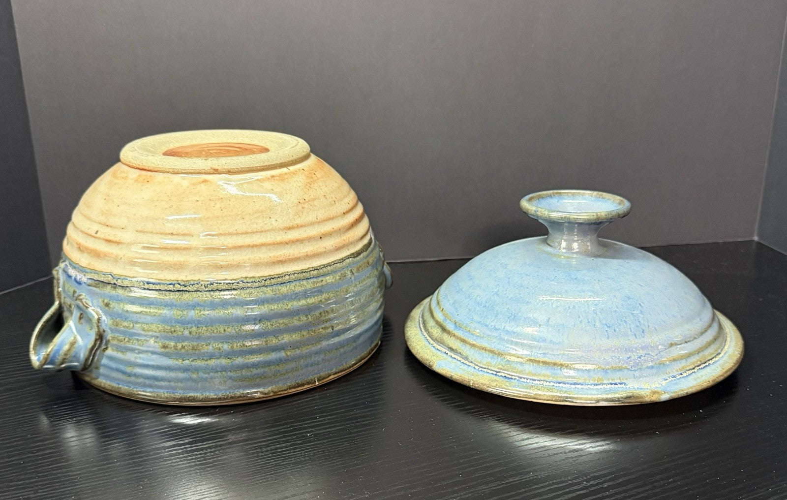 Vintage Earthenware Handmade Stoneware Pottery Lidded Crock Artisan Blue Brown