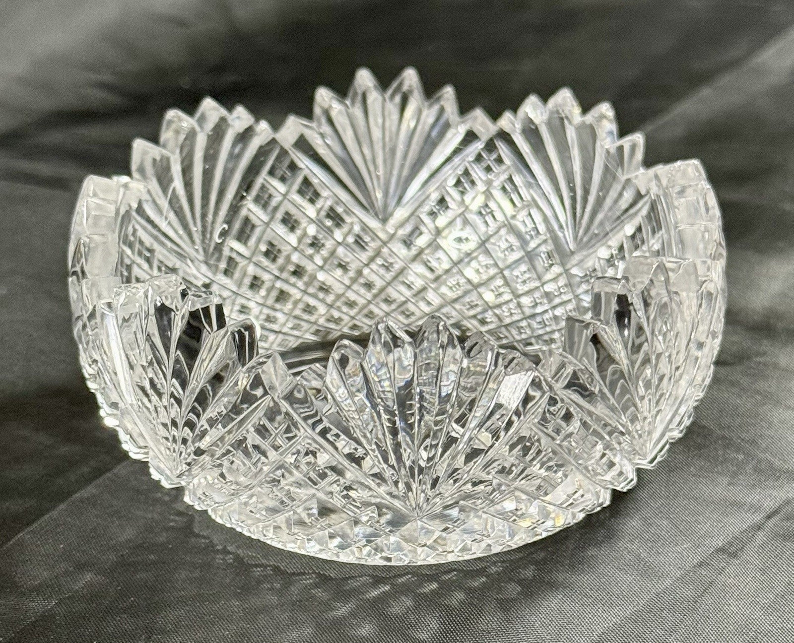American Brilliant Period Cut Glass Finger Bowl Strawberry & Fans Pattern Rare!