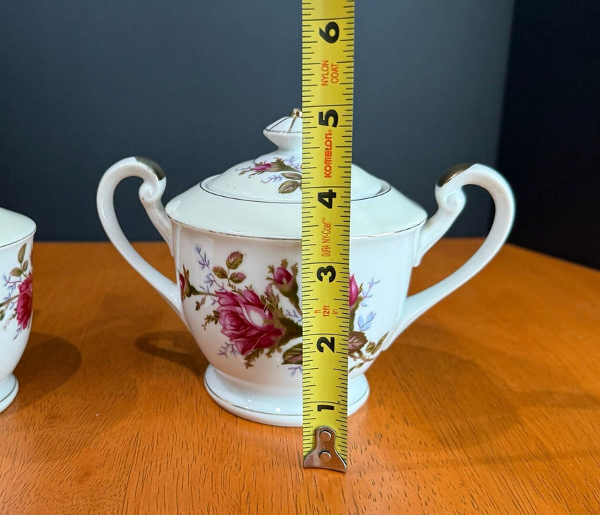 Vintage Fine China Made in Japan Moss Rose Creamer with Sugar Bowl & Lid Set