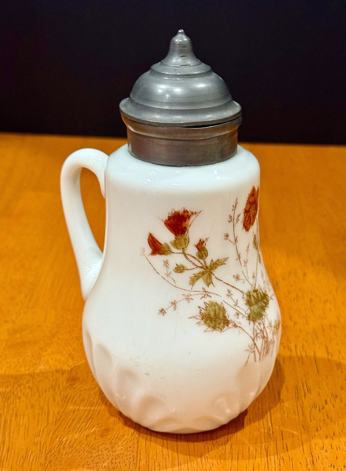 Vintage Milk Glass Floral Pattern Syrup Pitcher Hinged Metal Lid