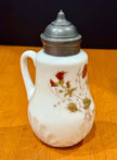 Vintage Milk Glass Floral Pattern Syrup Pitcher Hinged Metal Lid