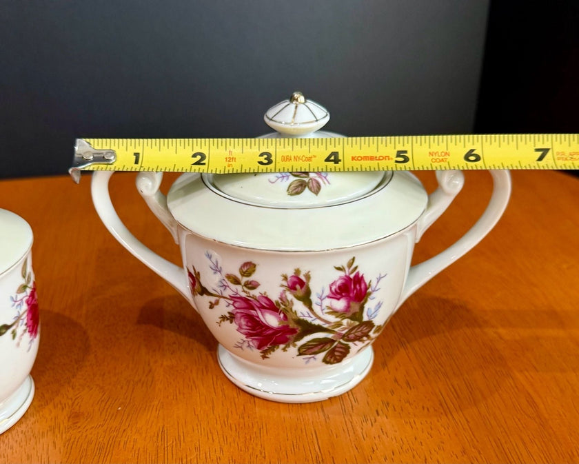 Vintage Fine China Made in Japan Moss Rose Creamer with Sugar Bowl & Lid Set