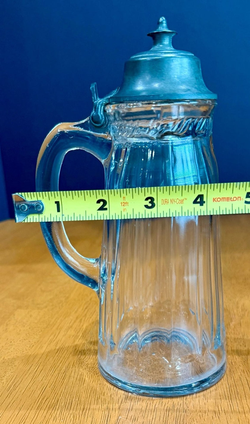 Vintage Glass Syrup Pitcher Metal Flip-Top Lid Vertical Ribbed Design