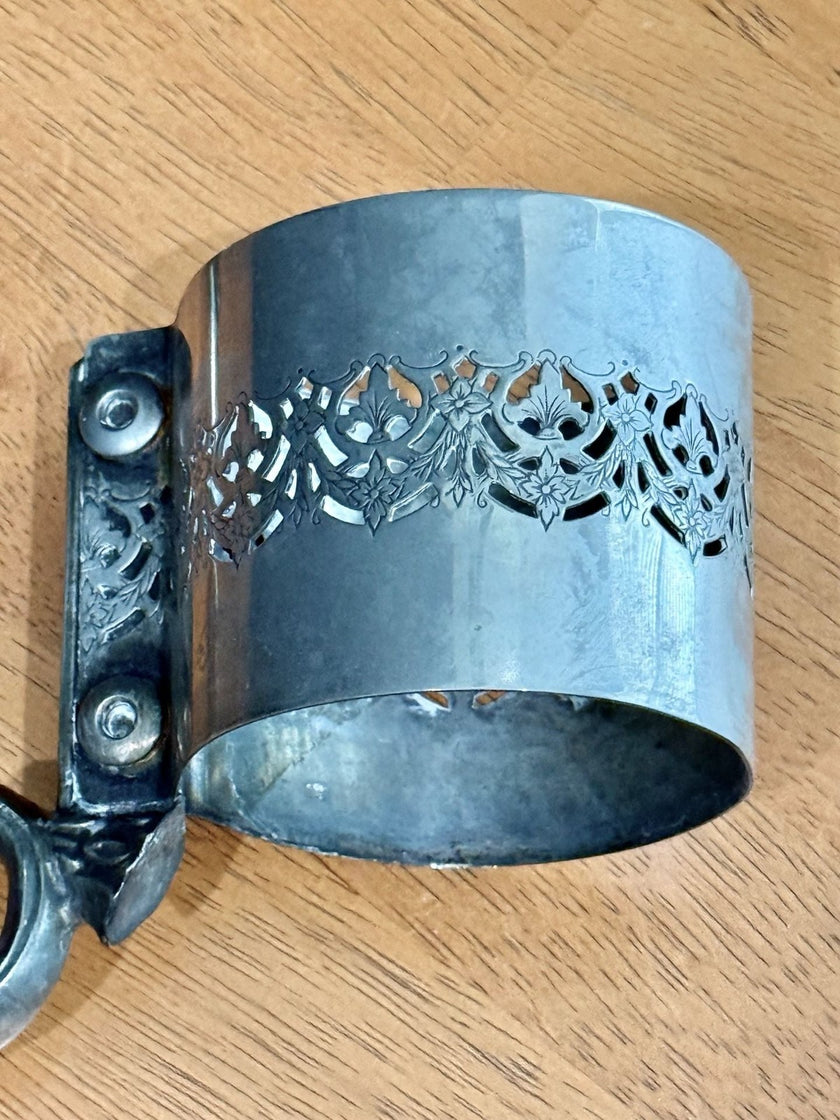 Vintage Silver Plated Filigree Glass Holder or Carafe Collar with Handle