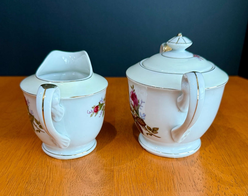 Vintage Fine China Made in Japan Moss Rose Creamer with Sugar Bowl & Lid Set
