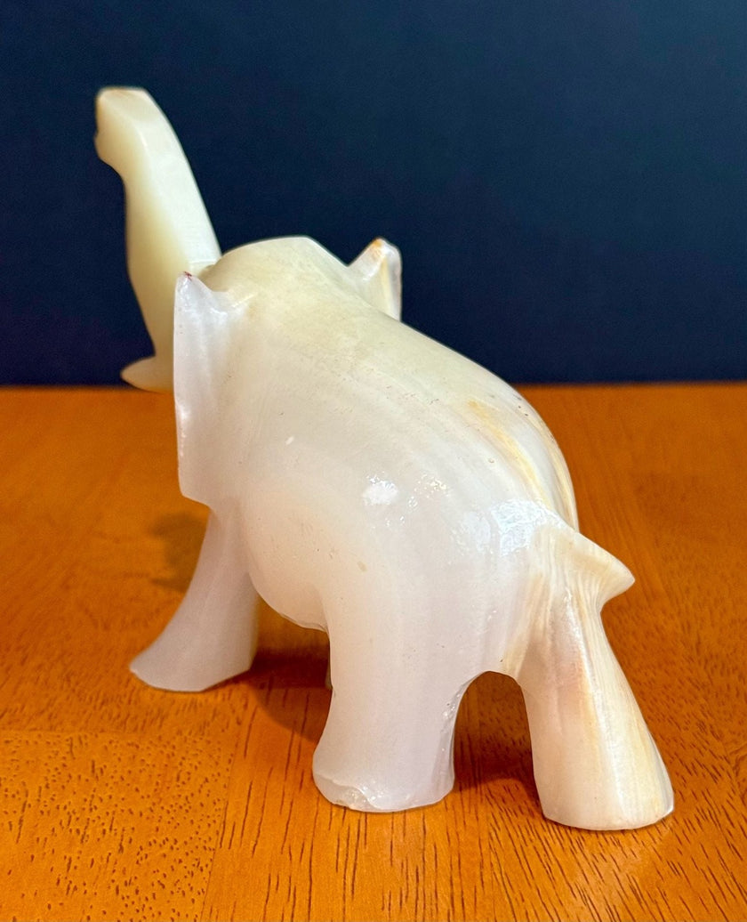 Vintage Hand-Carved Banded White Onyx Elephant Figurine Trunk Up Luck Stone