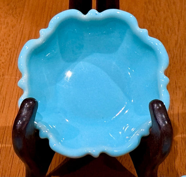 Set of 7 Vintage Turquoise Blue Glazed Ceramic Scalloped Salt Cellar Dip Bowls