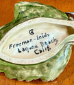 Vintage Freeman-Leidy Laguna Beach CA Majolica Green Leaf Trinket Dish Blue Bird