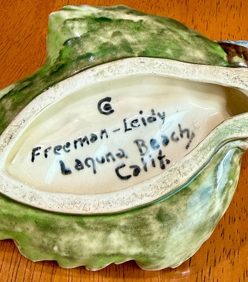 Vintage Freeman-Leidy Laguna Beach CA Majolica Green Leaf Trinket Dish Blue Bird