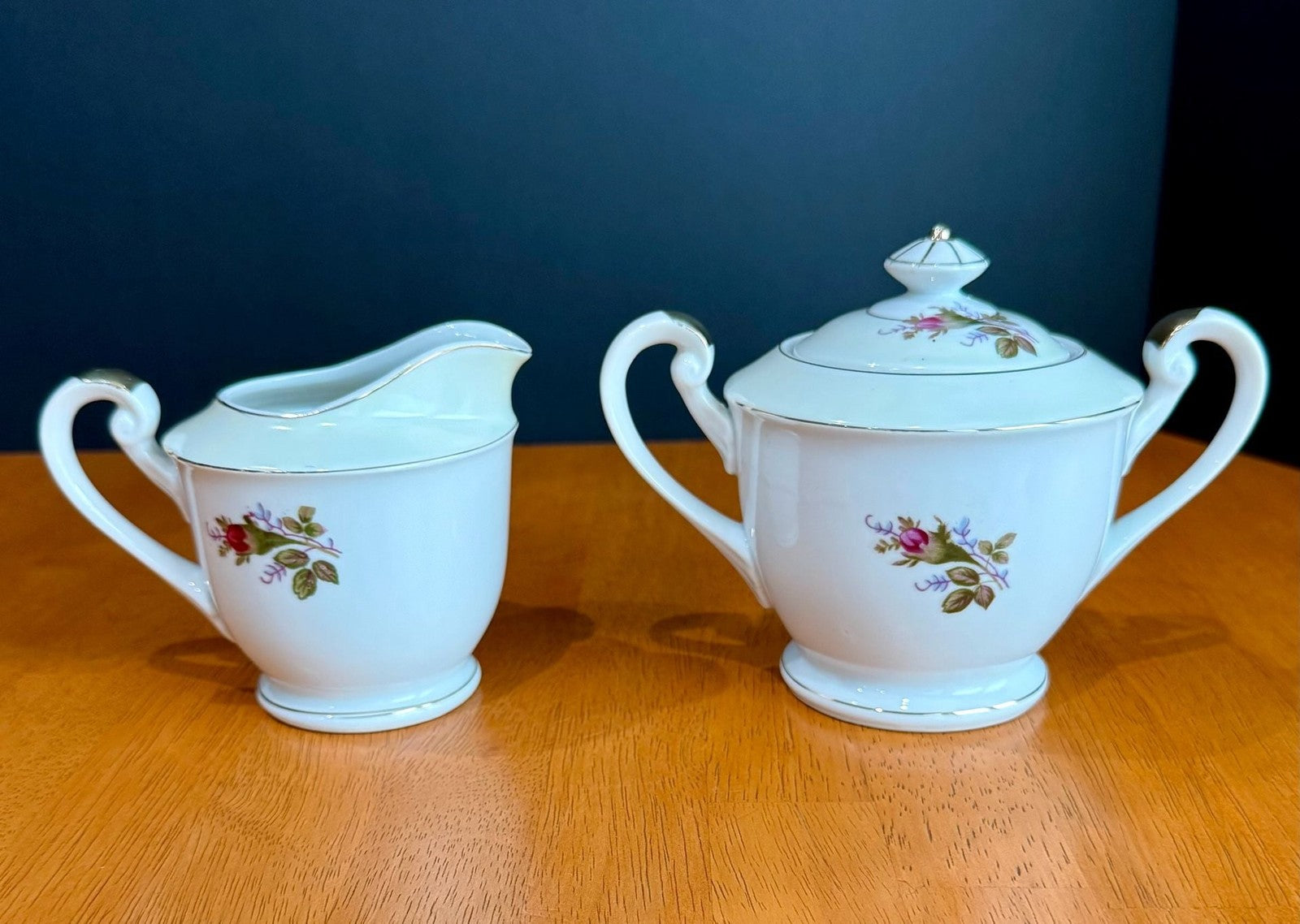 Vintage Fine China Made in Japan Moss Rose Creamer with Sugar Bowl & Lid Set