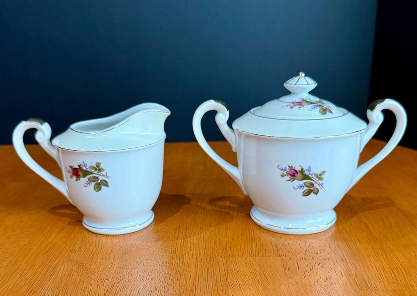 Vintage Fine China Made in Japan Moss Rose Creamer with Sugar Bowl & Lid Set