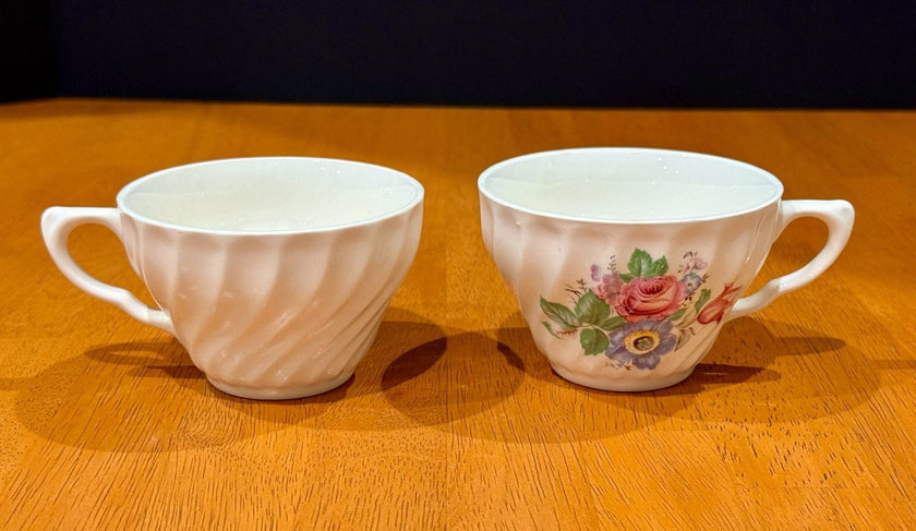 Vintage Floral Bone China Tea Cups Ruffled Swirl Design Set of 2 Roses