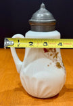 Vintage Milk Glass Floral Pattern Syrup Pitcher Hinged Metal Lid