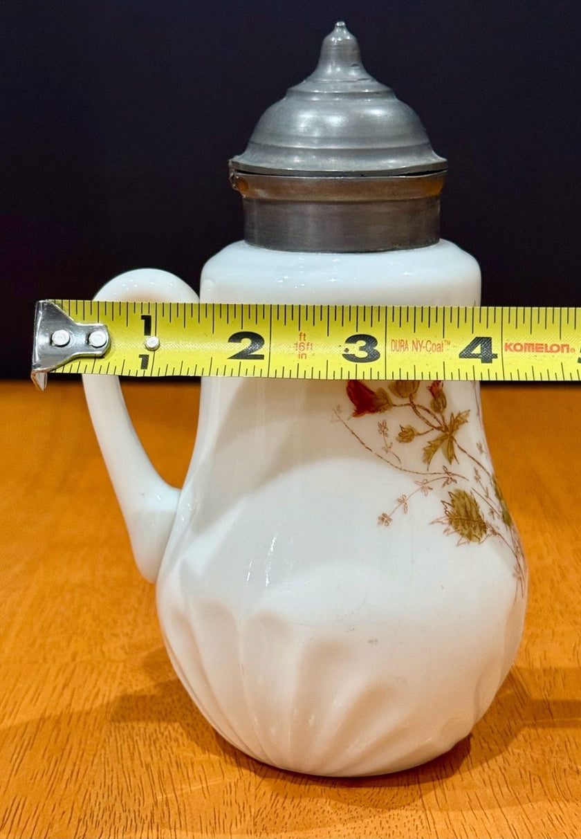 Vintage Milk Glass Floral Pattern Syrup Pitcher Hinged Metal Lid