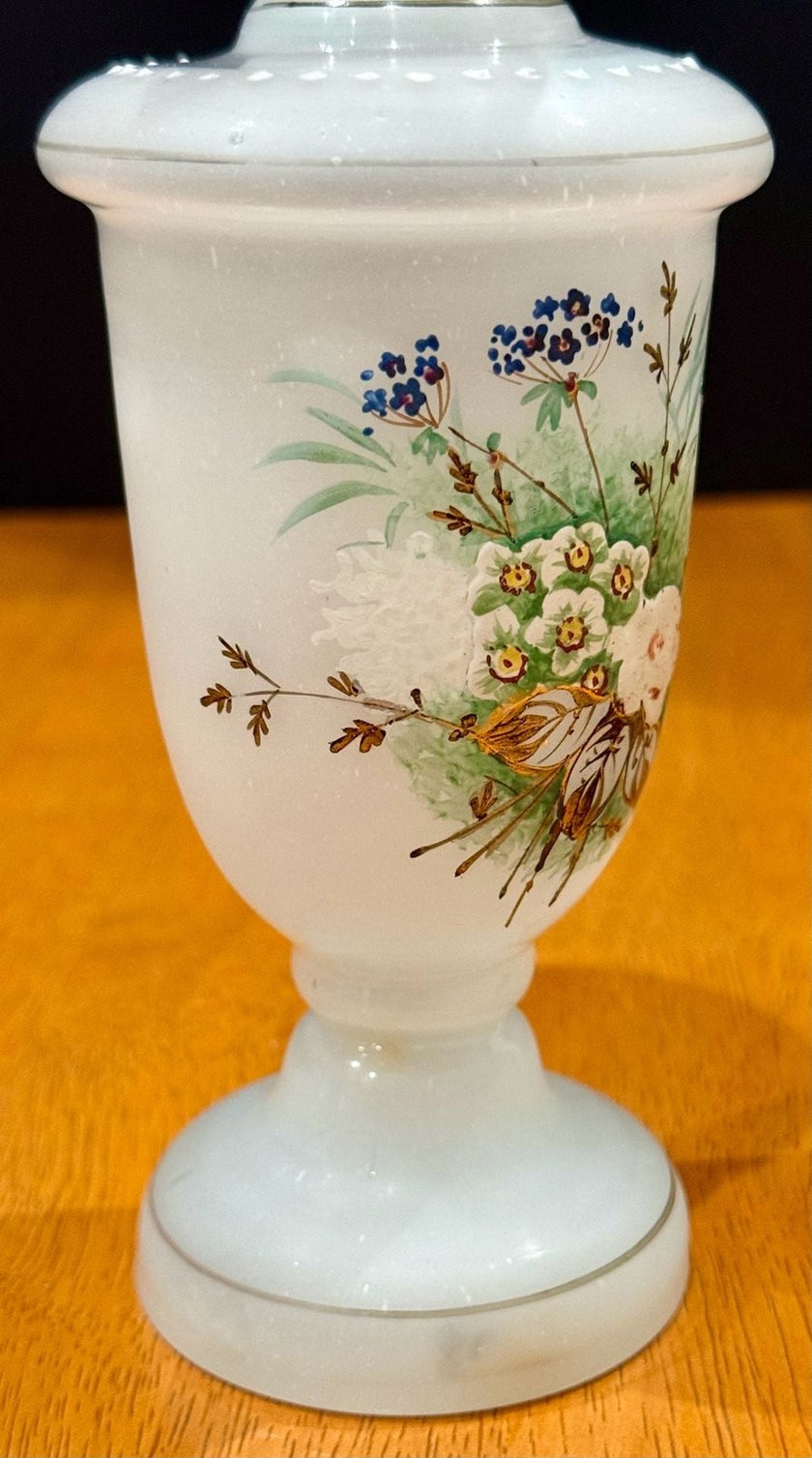 Vintage Victorian Bristol White Opaline Hand-Painted Floral Glass Vase