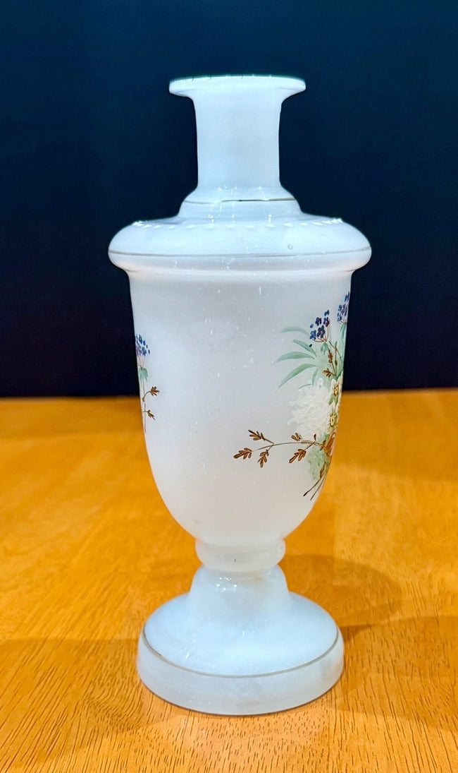 Vintage Victorian Bristol White Opaline Hand-Painted Floral Glass Vase