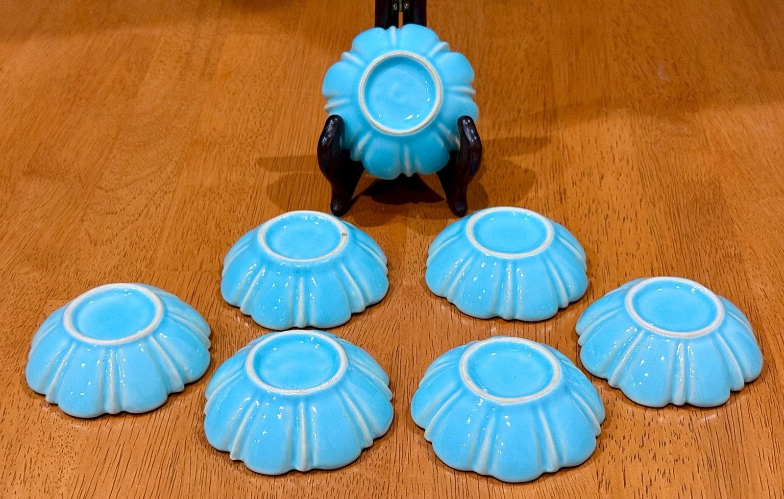 Set of 7 Vintage Turquoise Blue Glazed Ceramic Scalloped Salt Cellar Dip Bowls