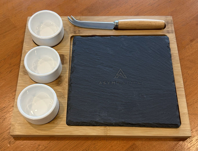 Cheese & Dip Serving Set Bamboo Board 3 Ramekins Slate Square Cheese/Meat Knife