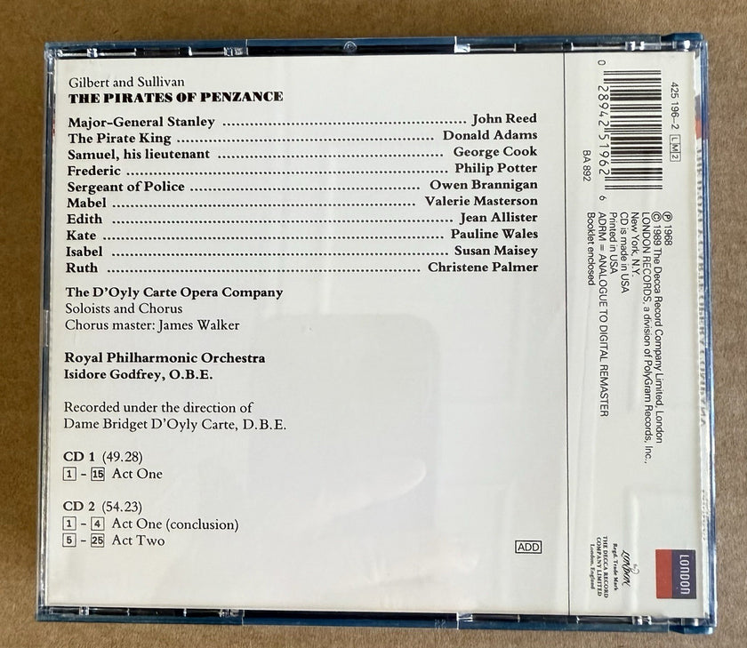 2 Disc CD Set Gilbert & Sullivan The Pirates of Penzance 1968 D'Oyly Carte Opera