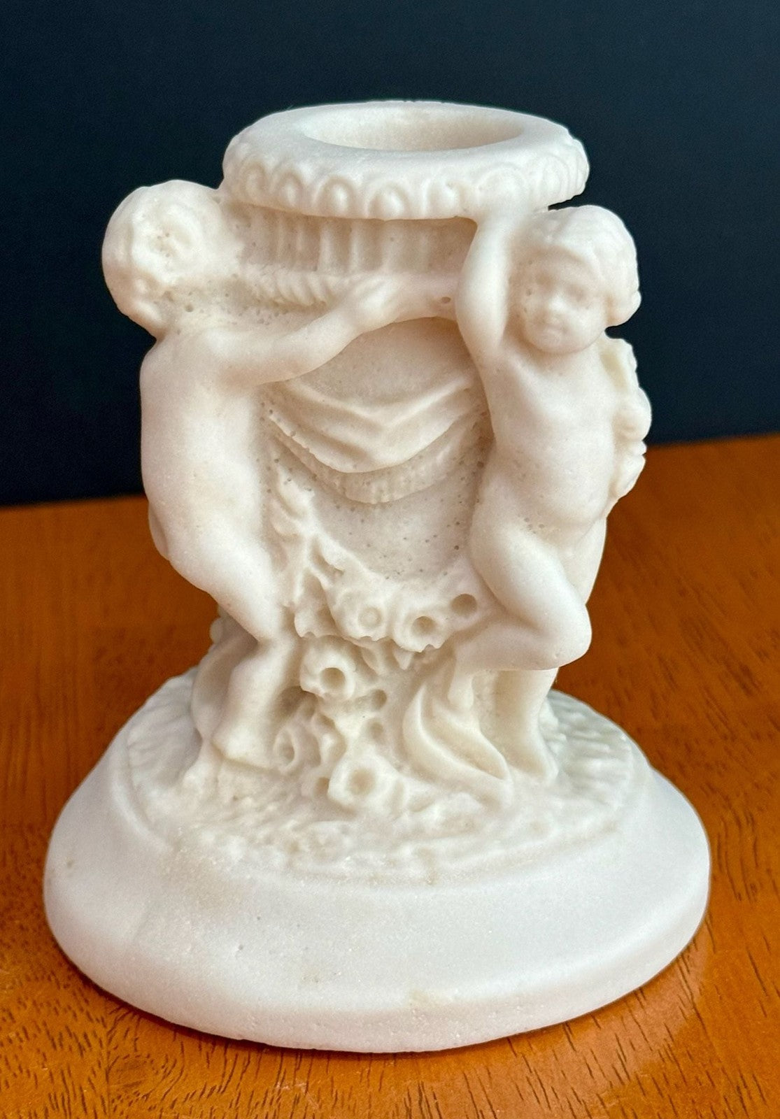 Antique 1900s Salt Dough Figural Cherub White Candlestick Holder