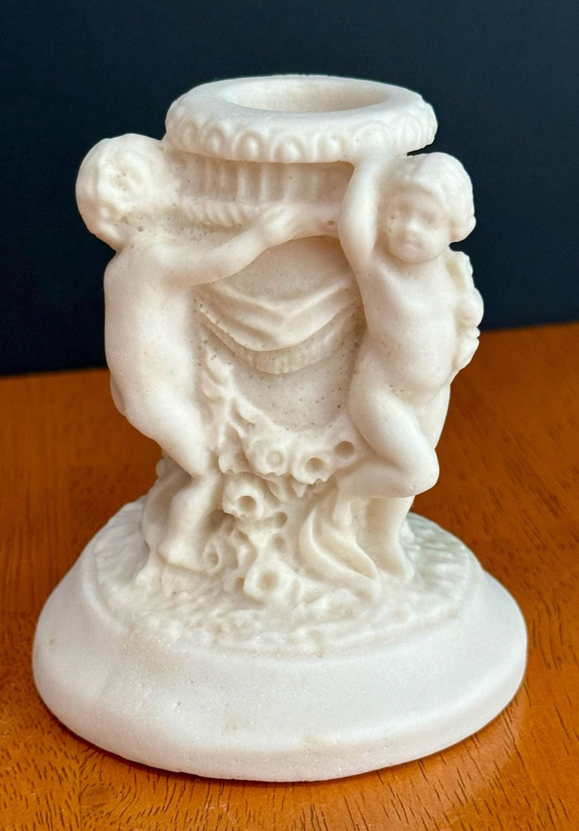 Antique 1900s Salt Dough Figural Cherub White Candlestick Holder