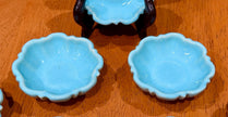 Set of 7 Vintage Turquoise Blue Glazed Ceramic Scalloped Salt Cellar Dip Bowls