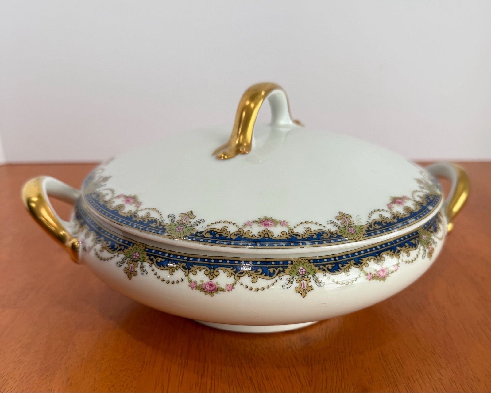 Vintage Limoges France Porcelain Covered Vegetable Serving Dish with Gold Trim