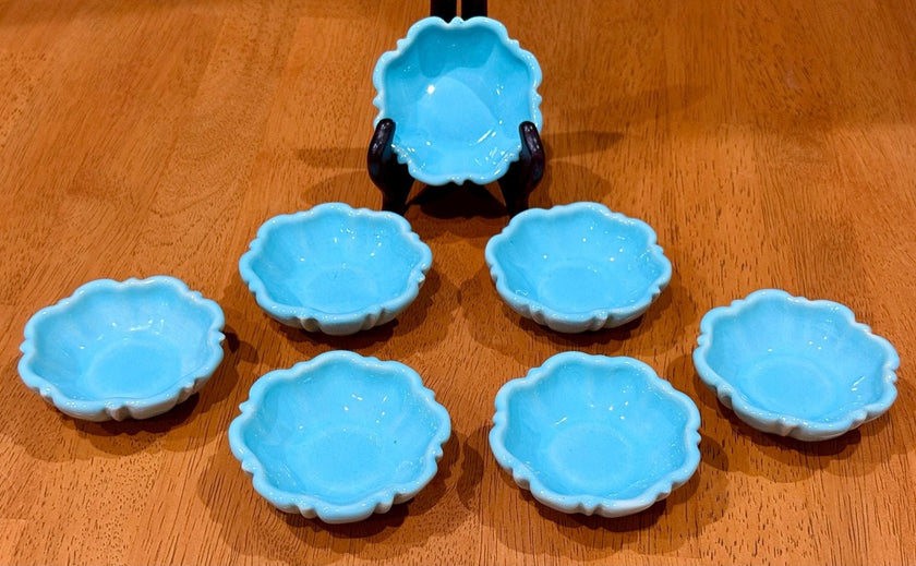 Set of 7 Vintage Turquoise Blue Glazed Ceramic Scalloped Salt Cellar Dip Bowls