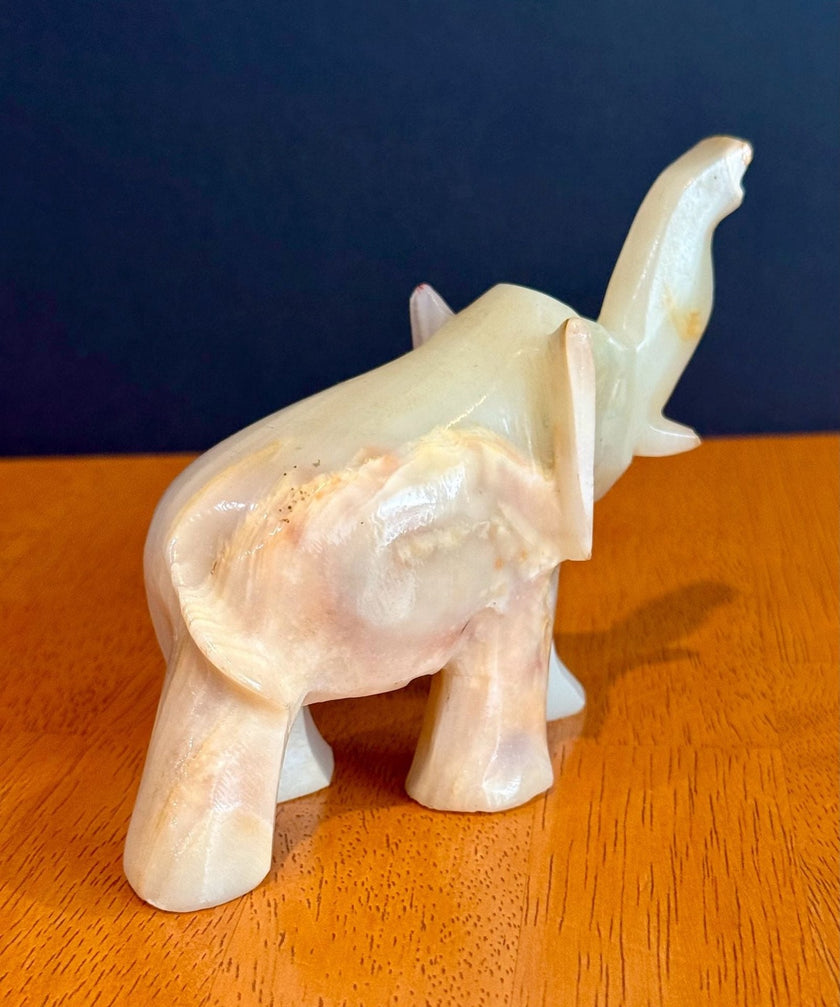 Vintage Hand-Carved Banded White Onyx Elephant Figurine Trunk Up Luck Stone