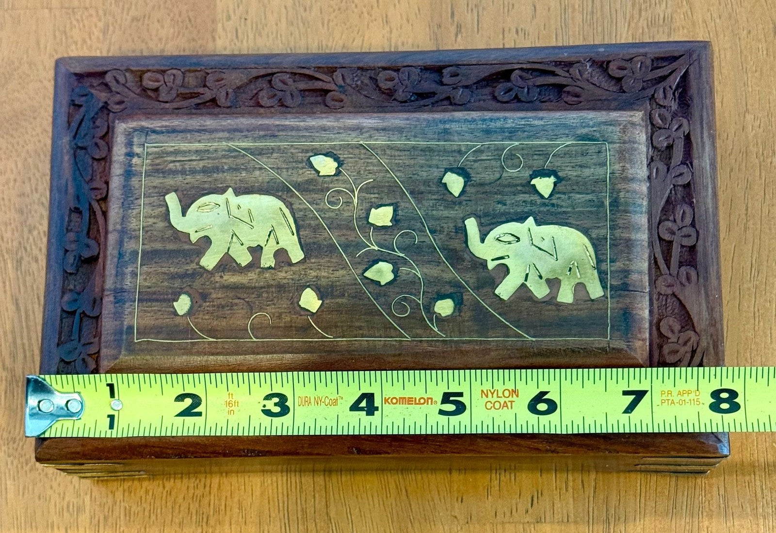 Vintage Hand Carved Wooden Jewelry Box with Brass Elephant Inlay 8x5