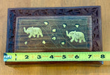 Vintage Hand Carved Wooden Jewelry Box with Brass Elephant Inlay 8x5