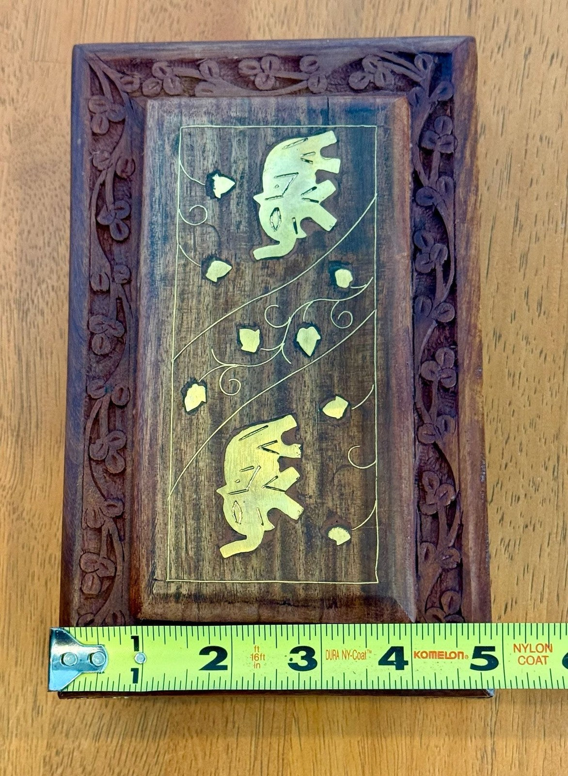 Vintage Hand Carved Wooden Jewelry Box with Brass Elephant Inlay 8x5