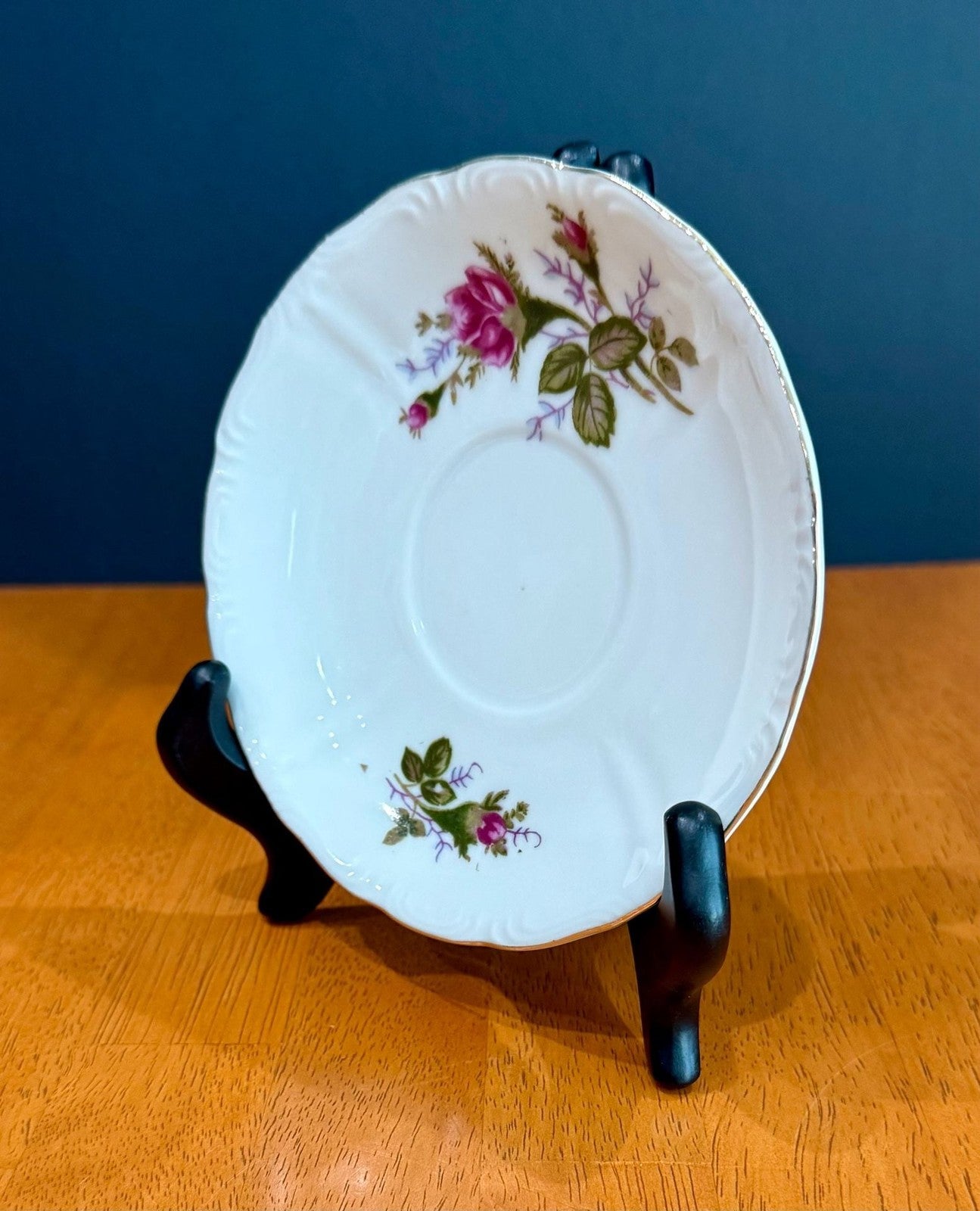 Vintage Moss Rose Porcelain Saucer with Gold Trim by Japan Fine China