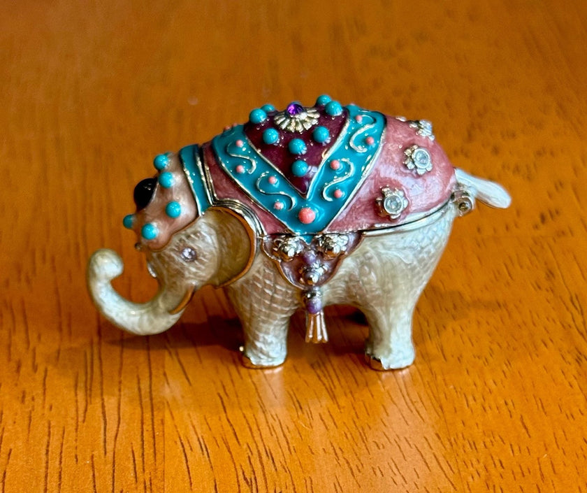 Vintage Monet Enameled Bejeweled Elephant Trinket Jewelry Box