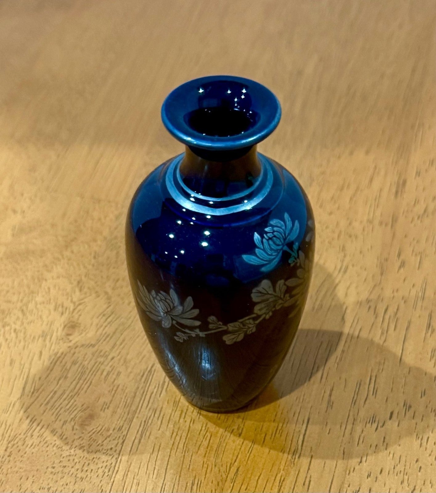 Vintage Japanese Blue Porcelain Miniature Bud Vase Silver Chrysanthemums