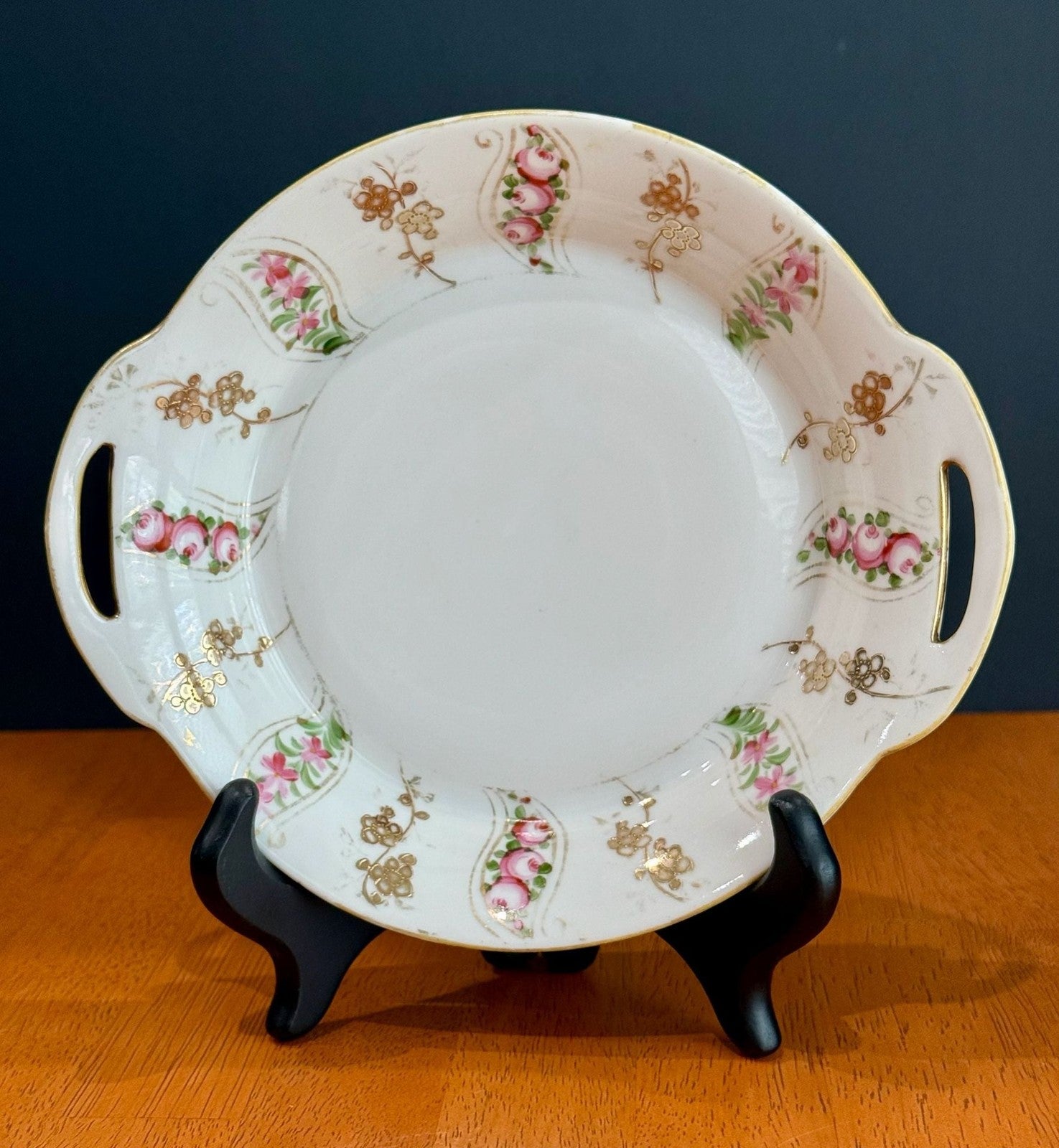 Antique Nippon Hand Painted Porcelain Serving Dish Gold Handles Pink Floral Swag