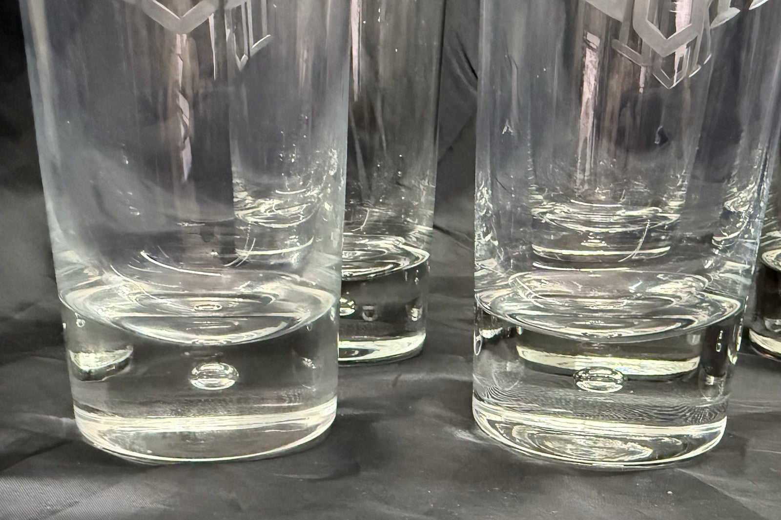 Set Of 8 Heavy Base Controlled Bubble Bottom Highball Glasses 16 oz DEK Engraved