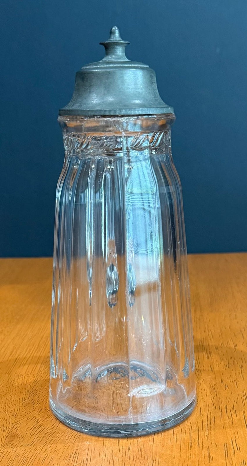 Vintage Glass Syrup Pitcher Metal Flip-Top Lid Vertical Ribbed Design