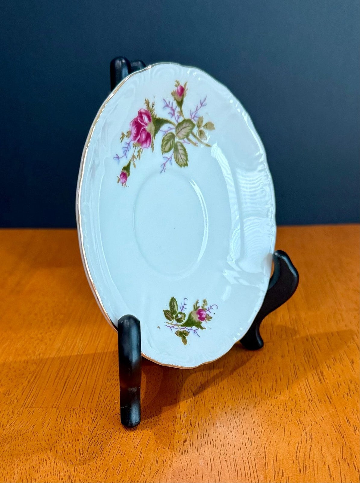 Vintage Moss Rose Porcelain Saucer with Gold Trim by Japan Fine China