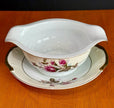 Vintage Made in Japan Moss Rose Gravy Boat with Attached Underplate Red White
