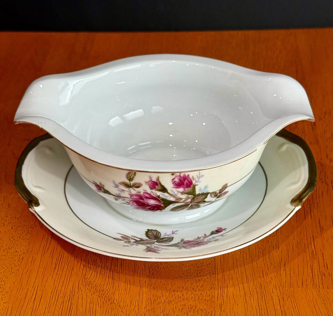 Vintage Made in Japan Moss Rose Gravy Boat with Attached Underplate Red White