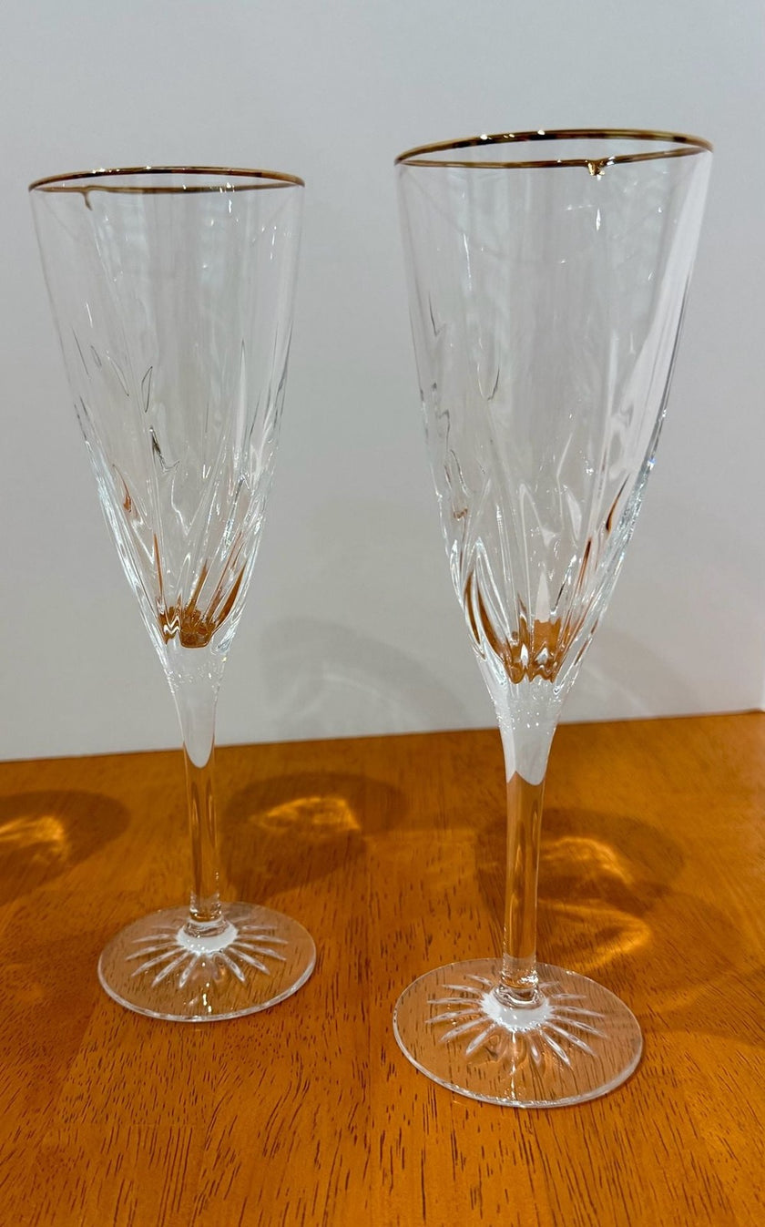 Vintage Cristal D'Arques-Durand Cassandra 4 Gold Trim Champagne Flutes