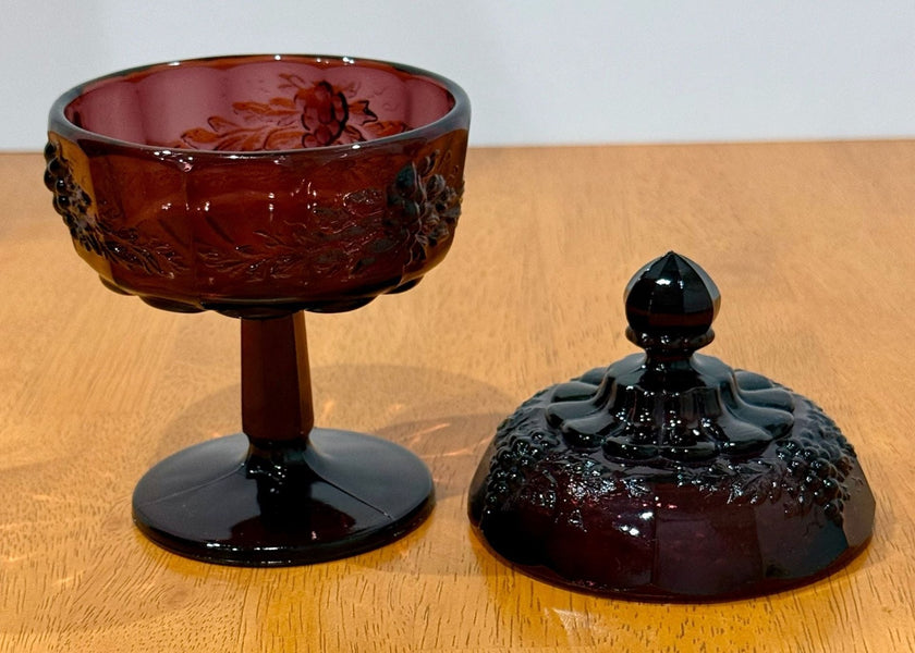 Vintage LG Wright Amethyst Purple Glass Pedestal Covered Candy Dish Grape Motif